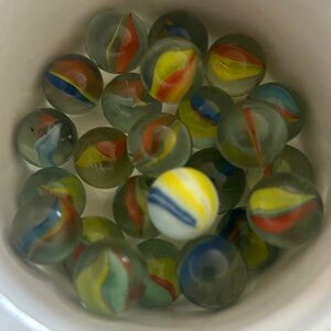 1 Vintage Marble with Yellow and Blue Stripes and 23 cat eyes